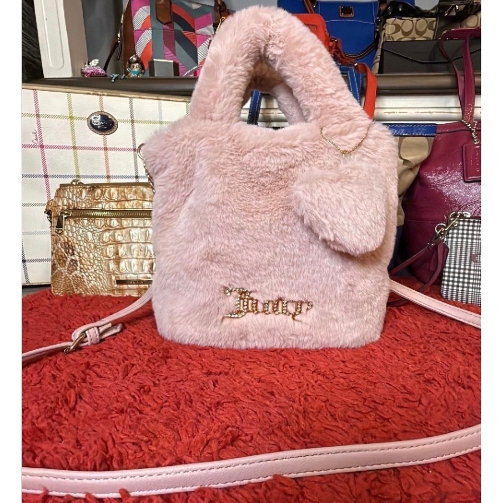 Juicy‎ Couture Pink Faux Fur Mini Tote Bag Rhinestone Logo Crossbody